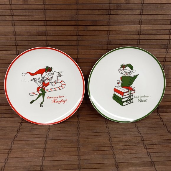 Set Of 2 Have You Been Naughty Nice Sexy Elf Christmas 8" Plates Napa Style 2005 - Picture 1 of 7
